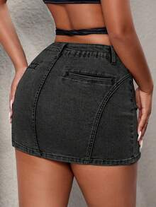 Vintage Solid Slant Pocket Seam Detail Denim Mini Skirt Casual Spring - Black - View 2