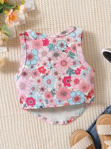 SHEIN 年轻女孩针织印花圆领不对称下摆休闲背心