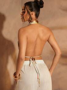 Hauture Print Halter Tie Backless Top