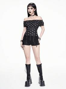 ROMWE Goth 網眼骷髏印花露肩蕾絲修邊短款女T恤，腰部收緊設計 - 黑色 - 查看 3