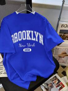 Teen Boy's Summer Casual Short Sleeve T-Shirt With Letter Print On Round Neck - Royal Blue - View 1