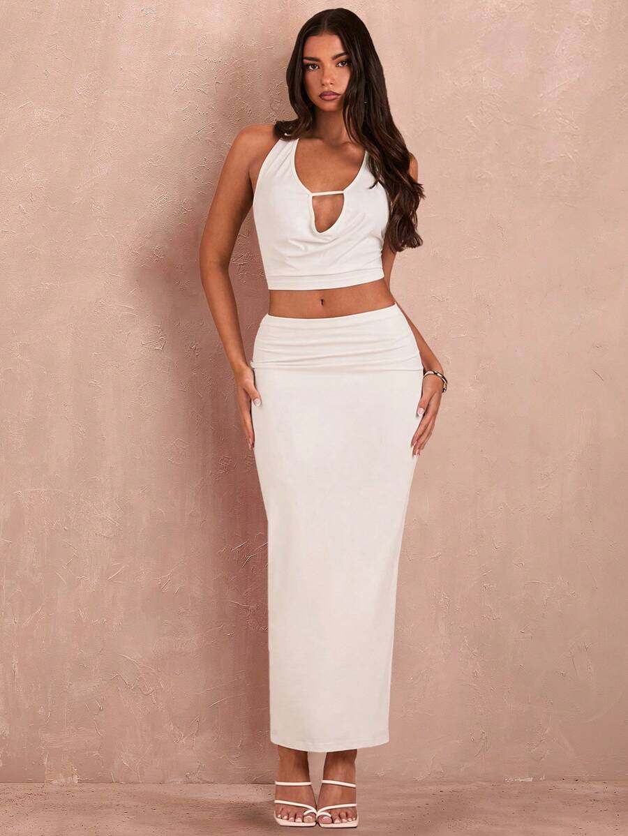 SHEIN BAE Ladies' Solid Color Simple Daily Camisole & Long Skirt Set With Halterneck Swung Collar Top Sexy Outfits Going Out Sets Summer Women Sets Two Pieces Skirt Set
