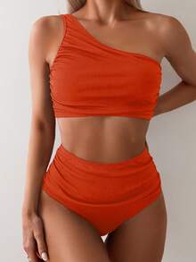 SHEIN Swim Women's Summer Beach Solid Color Orange One Shoulder Ruched Casual Tankini Set - Orange - View 3