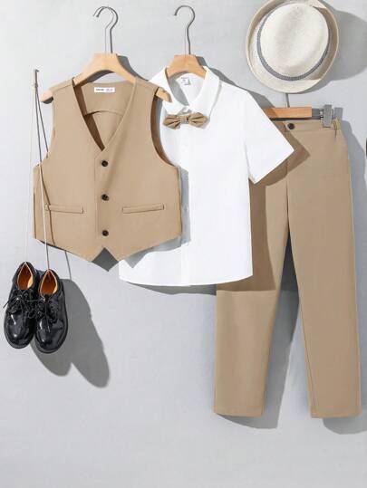 Conjunto de 3 piezas para Pre-adolescente niño, que incluye Camisa de manga corta en color liso al estilo del Resort Academy, Chaleco estilo caballero y pantalones tejidos para ocasiones formales