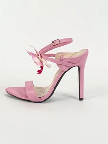 女士高跟蛇紋束縛涼鞋，交叉金屬帶，圓頭，舒適派對鞋 - 粉色 - 查看 4
