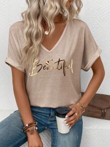 INAWLY 夏季休闲时尚V领字母印花女式T恤图案T恤女式上衣 - 彩色 - 查看 6