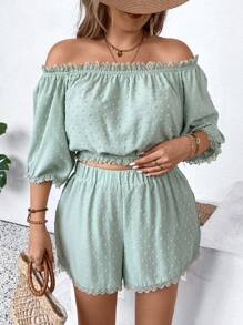 SHEIN Clasi Plus Size Women's Solid Color Minimalist Daily Off-Shoulder Top And Shorts Set - Mint Green - View 5