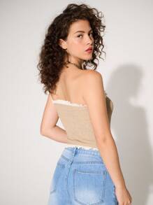 Summer Fashion Color Block Frill Trim Smocked Tube Top - Brown - View 2
