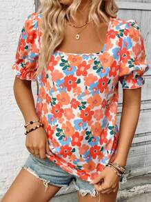 Breezaya Camisa floreada de manga abullonada y cuello ancho para mujer, holgada para vacaciones - Multicolor - Ver 4