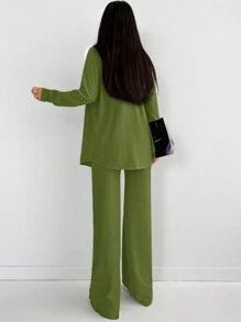 EURMUSE Solid Cami Top & Pants & Drop Shoulder Coat For Dailywear - Olive Green - View 2