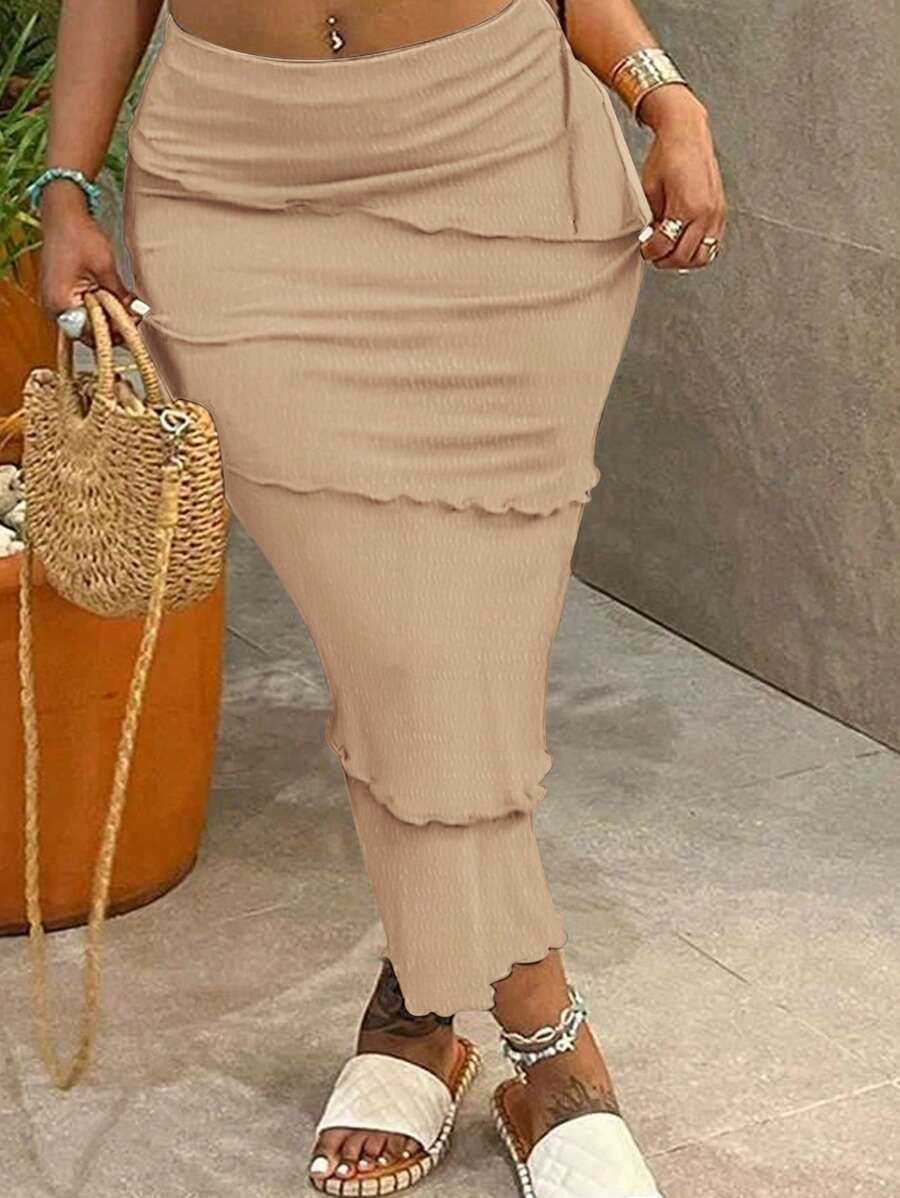 Slaydiva Rok Panjang Wanita Ukuran Plus untuk Liburan & Gaya Kasual Elegan, Warna Polos, Potongan Ramping, Berlapis-lapis, dengan Hem Bergelombang, dan Tekstur Kain, Bawahan Musim Panas -E Musim Gugur