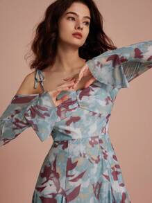 GENKIRA Random Printed Sexy Off Shoulder Long Sleeve Dress With Tie Design, European And American Style Fall Cloth For Women - Multicolor - View 1