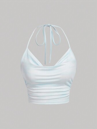 SHEIN MOD 扎染垂领褶皱侧系带露背上衣，渐变色印花，大理石印花狂欢节服装可爱上衣