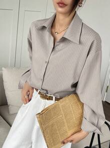 DAZY 女式宽松条纹休闲/校园衬衫学院风上衣，秋季女装长袖上衣 - 卡其色 - 查看 6