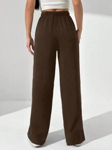 StreetHx Quần ống rộng cạp cao, màu trơn, dây rút, quần ống đứng cho nữ, quần thể thao ống rộng, quần rộng - Cà phê nâu - Xem 2