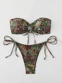 SHEIN Women's Summer Beach Leopard Hollow Out Bandeau Sexy Bikini Set, Printed (Color & Pattern Random) - Multicolor - View 3