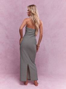 MISSGUIDED Twist Knot Detail Bust Textured Stripe Ribbed Bandeau Bodycon Maxi Dress