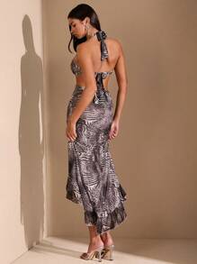 SHEIN BAE 空心Shenv印花高衩飄擺裙 - 深灰色 - 查看 2