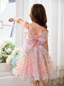 SHEIN Vestido con tirantes de malla de alas de mariposa dulce unicolor y tejido para niña joven - Multicolor - Ver 3