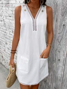 EMERY ROSE Damen Sommerurlaub Lässig einfarbig ärmelloses Kleid mit doppelten Taschen - Weiss - Übersicht 4