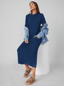 SHEIN BASICS Đầm chữ A tay ngắn cổ tròn màu trơn có túi, trang phục thường ngày mùa hè - Màu xanh hải quân - Xem 5