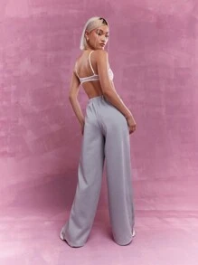 MISSGUIDED 刺绣徽标侧条纹阔腿裤 - 灰色 - 查看 3