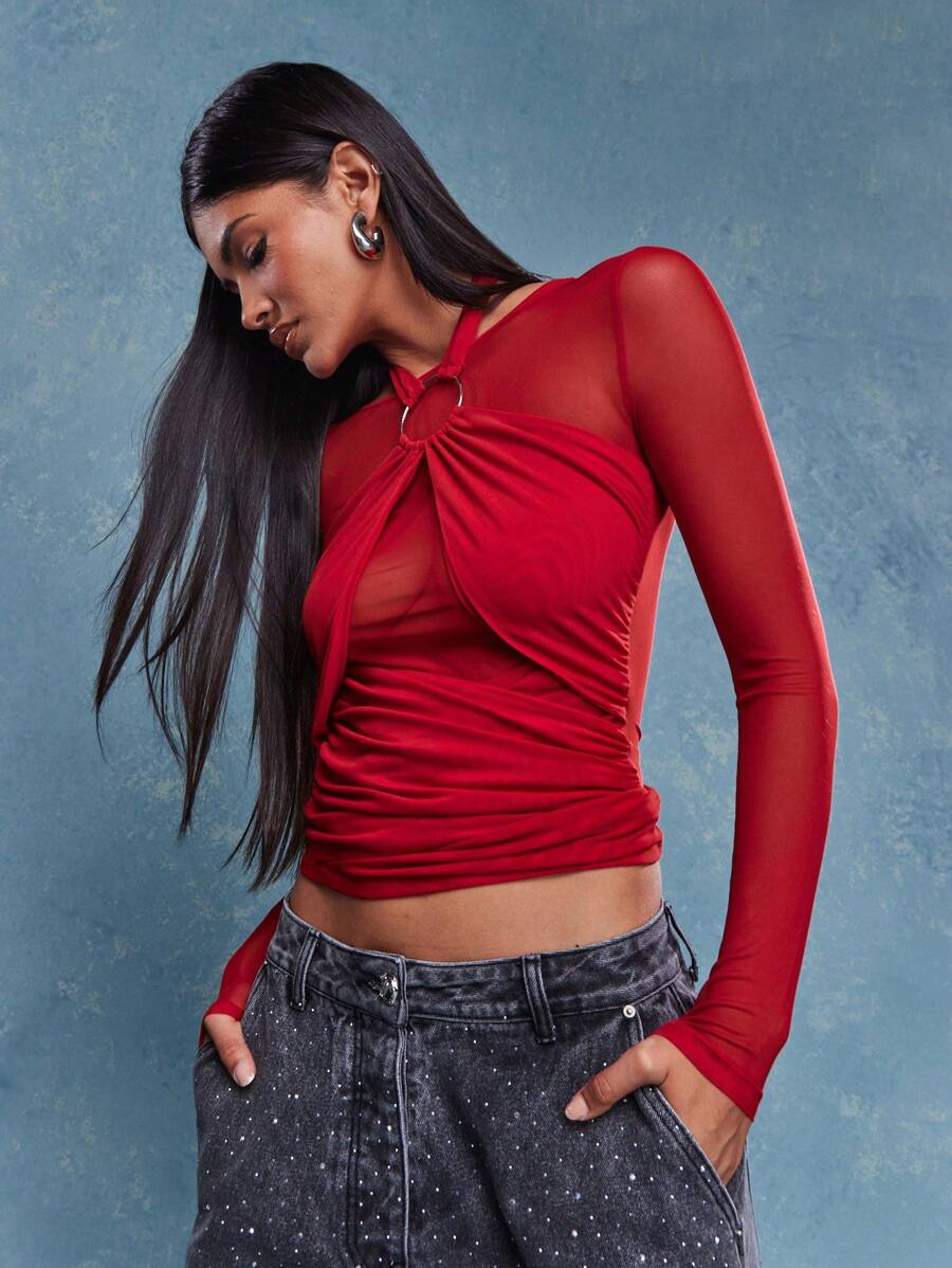 MISSGUIDED 吊带网纱褶皱长袖上衣 圣诞节 - 紅色 - 查看 1