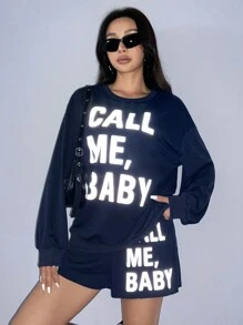 SHEIN Unity Bộ 2 chiếc áo thun dài tay cổ tròn in chữ thông thường và quần short cho nữ - Màu xanh hải quân - Xem 6