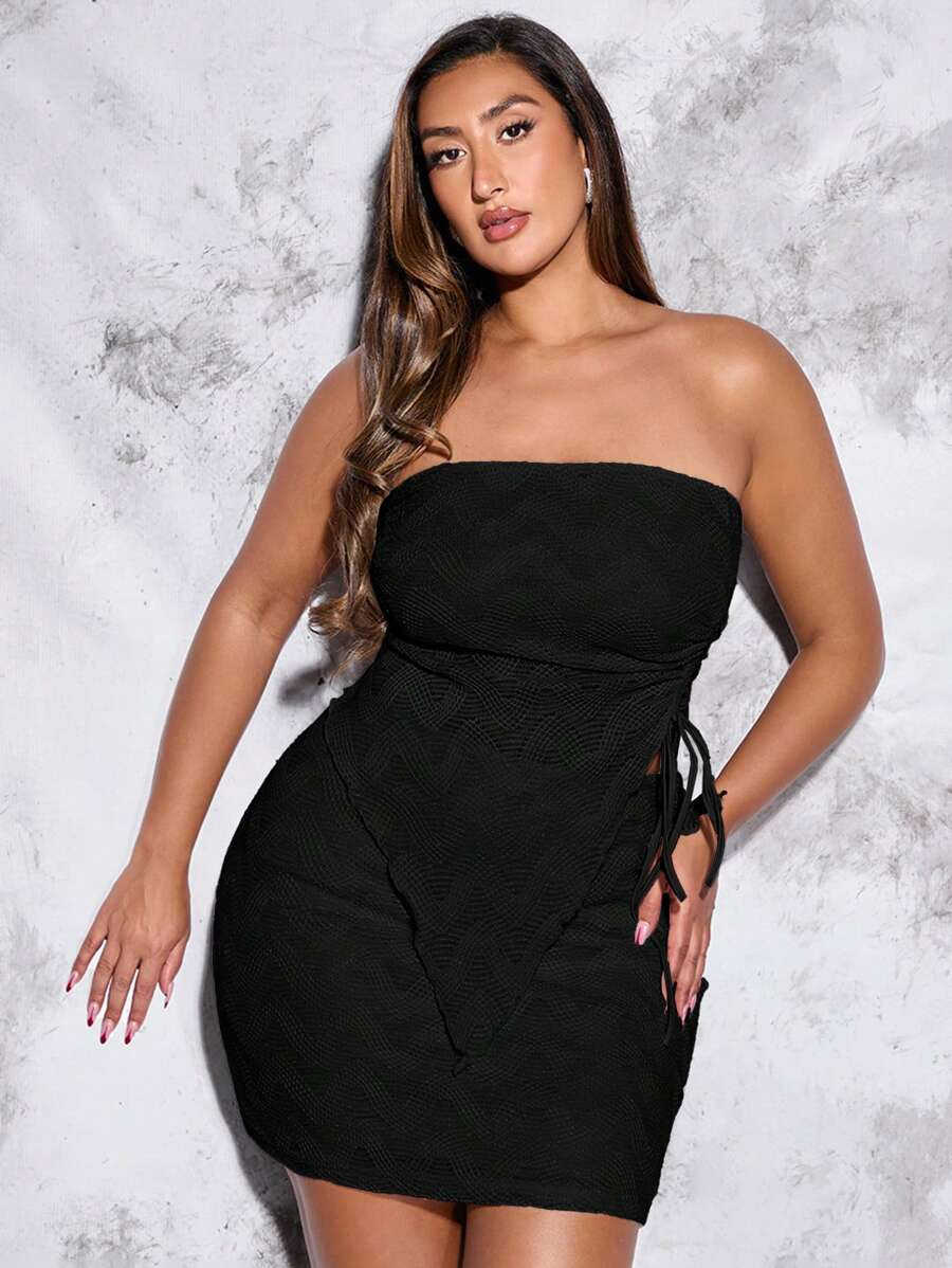 SHEIN BAE Women's Asymmetrical Texture Strapless Two-Piece Set With Drawstring For Summer - Black - View 1