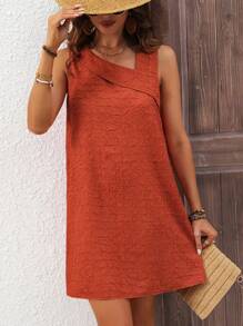 EMERY ROSE Màu thuần Kết cấu Chất vải Vai xiên Đầm - Màu Cam cháy - Xem 6