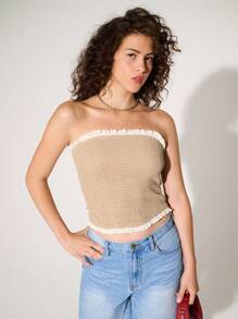 Summer Fashion Color Block Frill Trim Smocked Tube Top - Brown - View 1