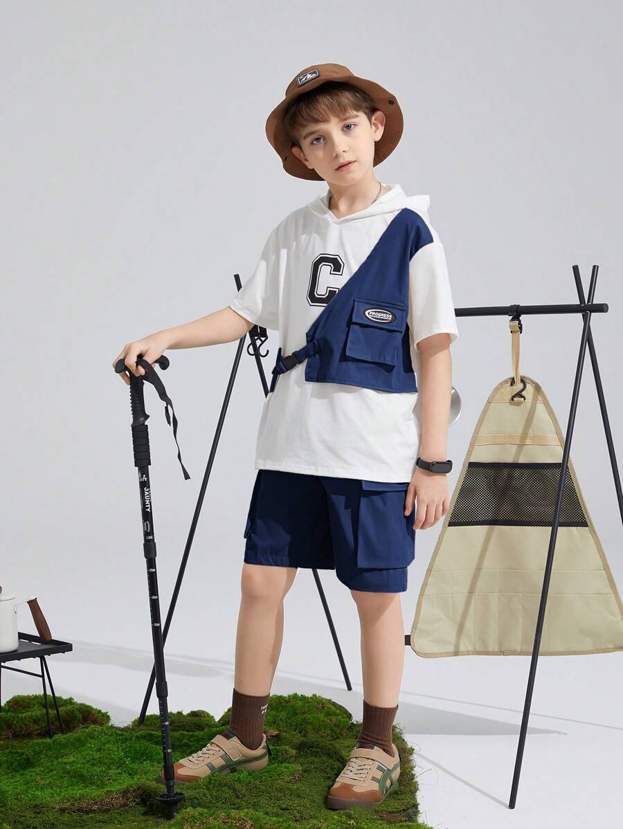 SHEIN 青少年男孩鬆身休閒連帽上衣加短褲2件套裝 - 藏蓝色 - 查看 1