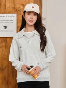 Women's Light Grey Loose Fit Turn-Down Collar Long Sleeve Sweatshirt, Family Matching Outfits (2 Pieces Are Sold Separately) Pullover Fall Outfit - Light Grey - View 5