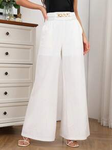 SHEIN Clasi Quần ống rộng đơn giản hàng ngày màu trơn cho nữ - Màu be - Xem 6