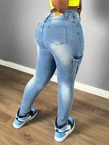 Women's Tight Fit Drawstring Pocket Skinny Jeans - Blue - View 2