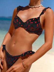 SHEIN Swim Women's Summer Beach Cherry Print Ruffle Trim  Bikini Set (2 Pieces) Random Print - Multicolor - View 5
