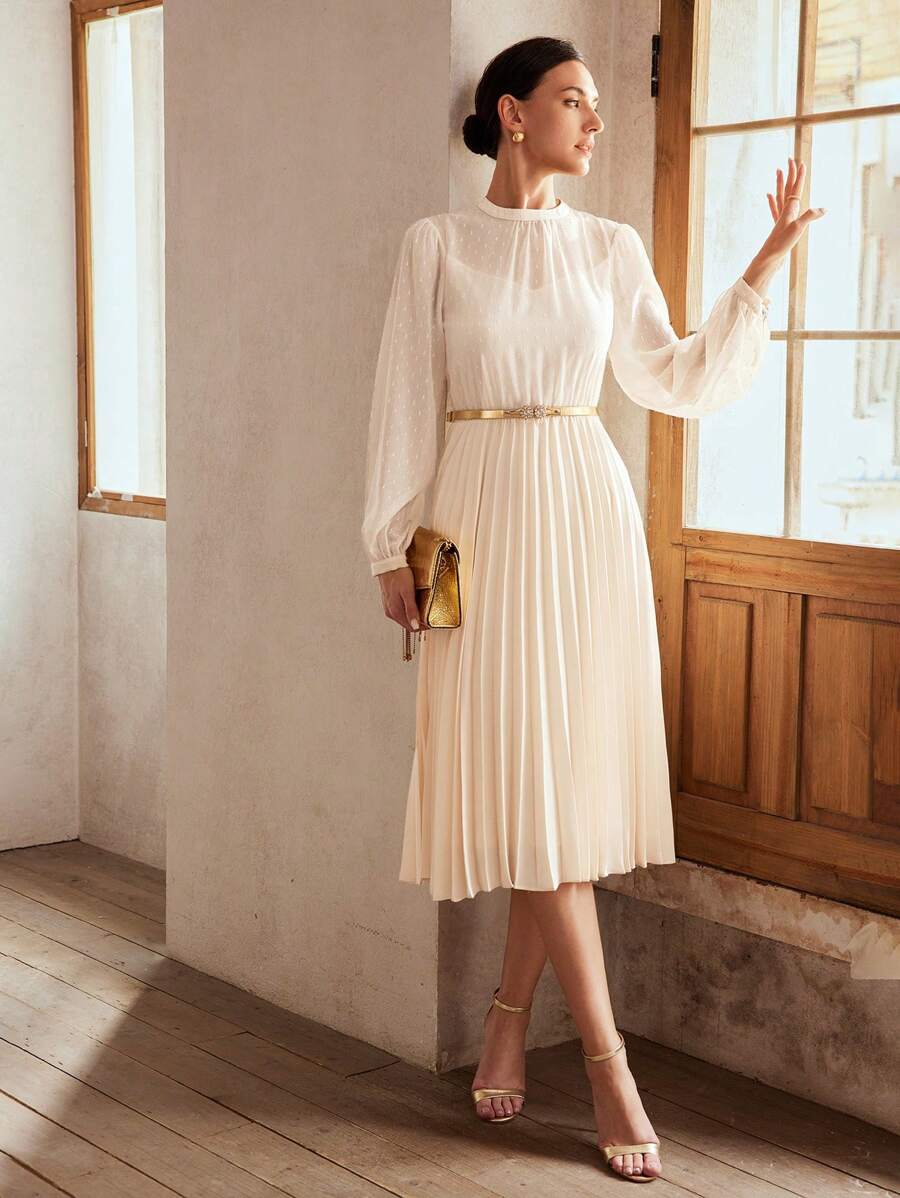 MOTF Classy VESTIDO SÓLIDO DE MANGA DE FAROL Y DOBLADILLO PLISADO