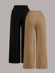 SHEIN PETITE 夏季抽绳阔腿纯色长裤 - 彩色 - 查看 2