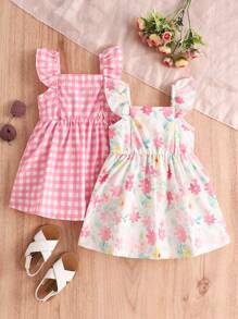 SHEIN Vintaside Kids 2 件装女婴格子和花卉印花盖袖纽扣连衣裙，夏季和假日服装 - 粉色 - 查看 2