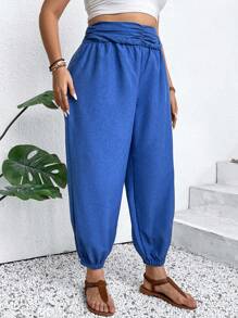EMERY ROSE Plus Size Solid Color Pleated Cuffed Pants With Belt And Pockets, Elegant - Royal Blue - View 6