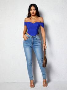SHEIN PETITE 女士純色簡約時尚露肩上衣，日常穿搭必備 - 寶藍色 - 查看 4