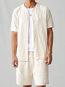Manfinity VCAY Men's Fashionable Knitted Casual Casual Solid Color Short Sleeve Shirt And Shorts Set, Daily Wear - Beige - View 6