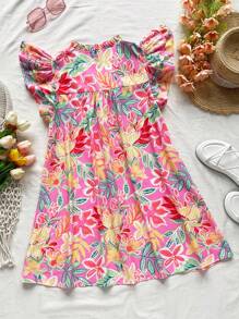 Soleia Vestido de verano suelto y casual en color rosa, con espalda ancha, decoración con volantes de madera y estampado floral tropical, adecuado para bodas, graduaciones y almuerzos