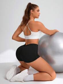 SHEIN Sport Studio Women's Solid Color Simple Everyday Sports ShortsWomen Sweat Short, Gym Short, Biker Short