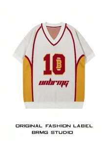 Men's Sporty Numeric & Letter Pattern V-Neck Patchwork Casual Knit Short Sleeve Top - White - View 1