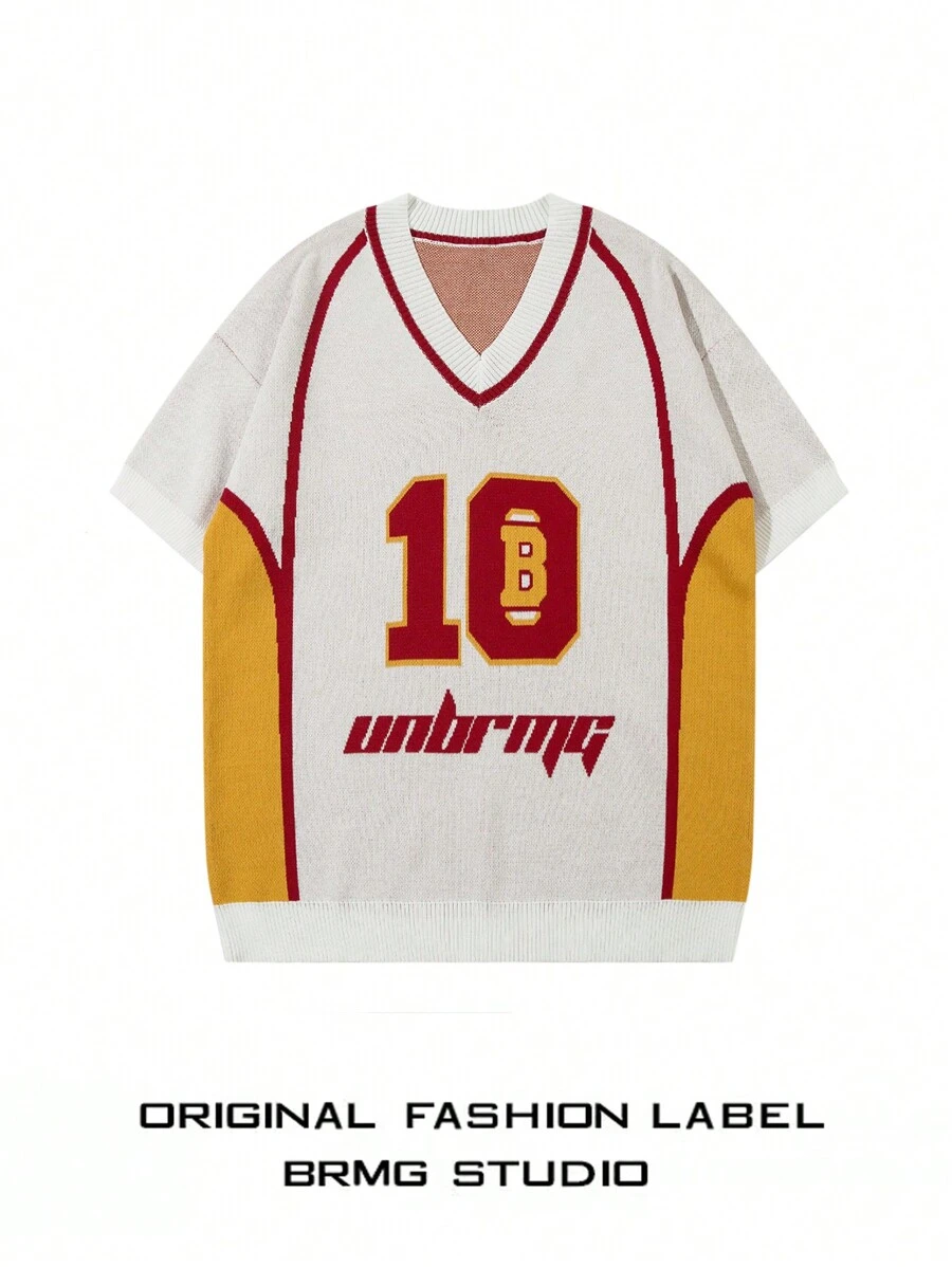 Men's Sporty Numeric & Letter Pattern V-Neck Patchwork Casual Knit Short Sleeve Top - White - View 1