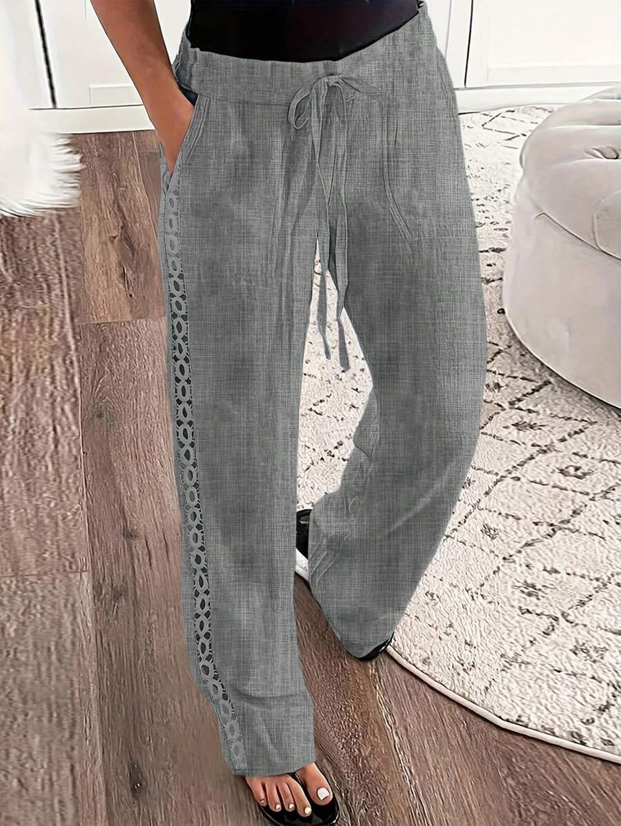 SHEIN LUNE Pantalones anchos de pierna ancha con cordón lateral y ribete de encaje para mujer - Gris Oscuro - Ver 1
