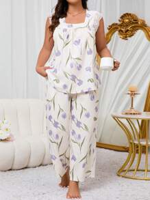 Plus Size Lace Trim Square Neck Printed Comfortable Pajama Set - Multicolor - View 2