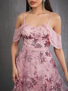 Mgiacy Embroidered Sequin Mesh Off-Shoulder Ruffle Sleeve Short Evening Dress - Pink - View 3