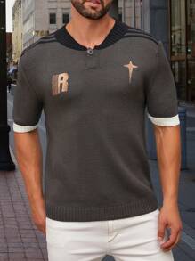 Manfinity Homme Men Casual Colorblock Short Sleeve Knit Shirt With Embroidered Letters For Spring And Summer - Multicolor - View 1